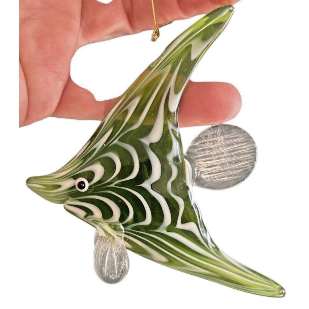Vintage Art Glass Murano Angel Fish Ornament Green White 3"
